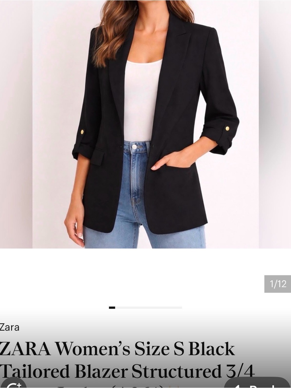 Zara Black Open-Front Blazer with 3/4 Roll Cuffs